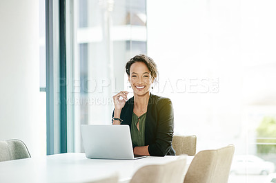 Buy stock photo Portrait, business and woman in office, laptop and confidence with internet, journalist and creative agency. Person, writer and employee at desk, computer and research for article and column review