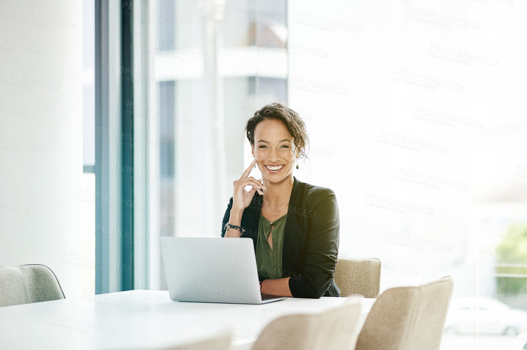Buy stock photo Business, woman and portrait with laptop in office for online risk management and compliance verification. Accounting firm, auditor and happy for fraud reporting, internal auditing control and pride