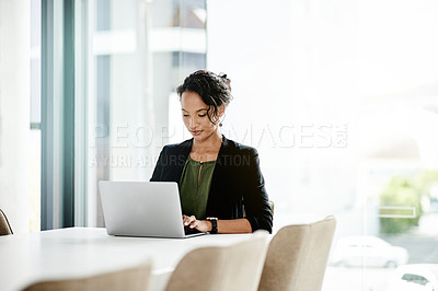 Buy stock photo Business, woman and typing on laptop in office for corporate research, email feedback and website. Female lawyer, online and communication of legal advice, court case information and schedule planner