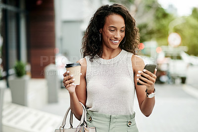 Buy stock photo Fashion designer, city and woman with smartphone, online and commuting to work in morning and smile. Outdoor, stylist and happy with media coverage on article, creative and person with coffee