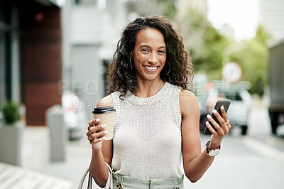 Buy stock photo Phone, city or portrait of happy businesswoman by building for career or work opportunity. France, coffee or event coordinator booking location on mobile in town for urban travel, commute or break