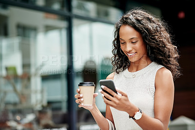 Buy stock photo Creative, city and woman with smartphone, coffee and commuting to work in morning, online and stylist. Outdoor, fashion designer and happy with media coverage on article, web and person with tea
