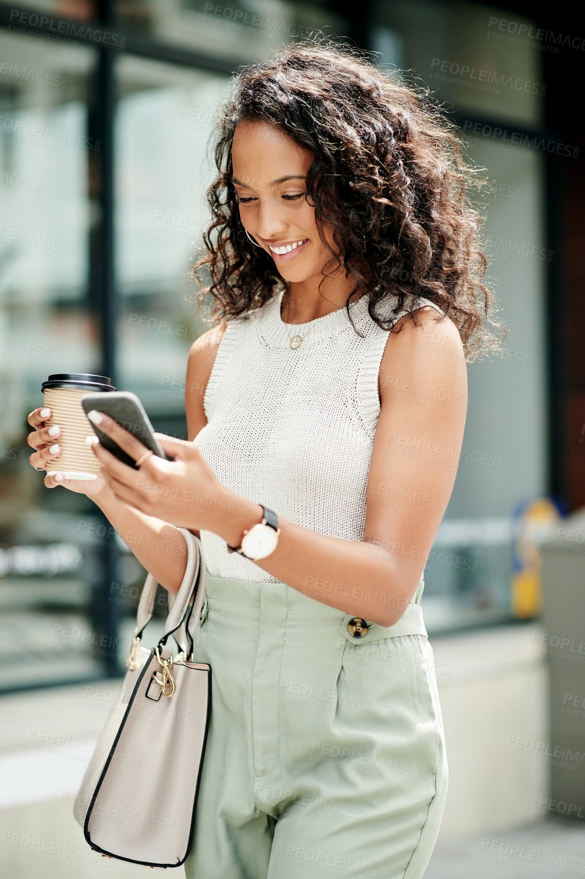 Buy stock photo Reading, city and woman with smartphone, coffee and commuting to work in morning, creative and stylist. Outdoor, fashion designer and happy with media coverage on article, web and person with tea