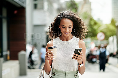 Buy stock photo Creative, city and woman with smartphone, walking and commuting to work in morning, online and stylist. Outdoor, fashion designer and happy with media coverage on article, web and person with coffee