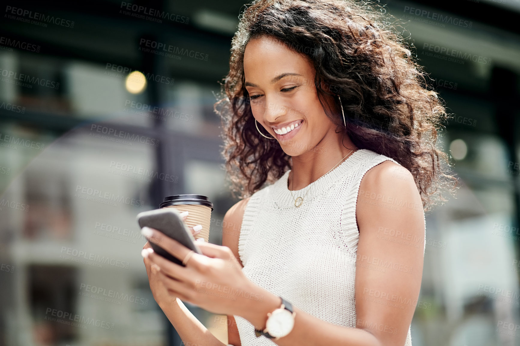 Buy stock photo Fashion designer, city and woman with smartphone, smile and commuting to work in morning and online. Outdoor, stylist and happy with media coverage on article, creative and person with coffee
