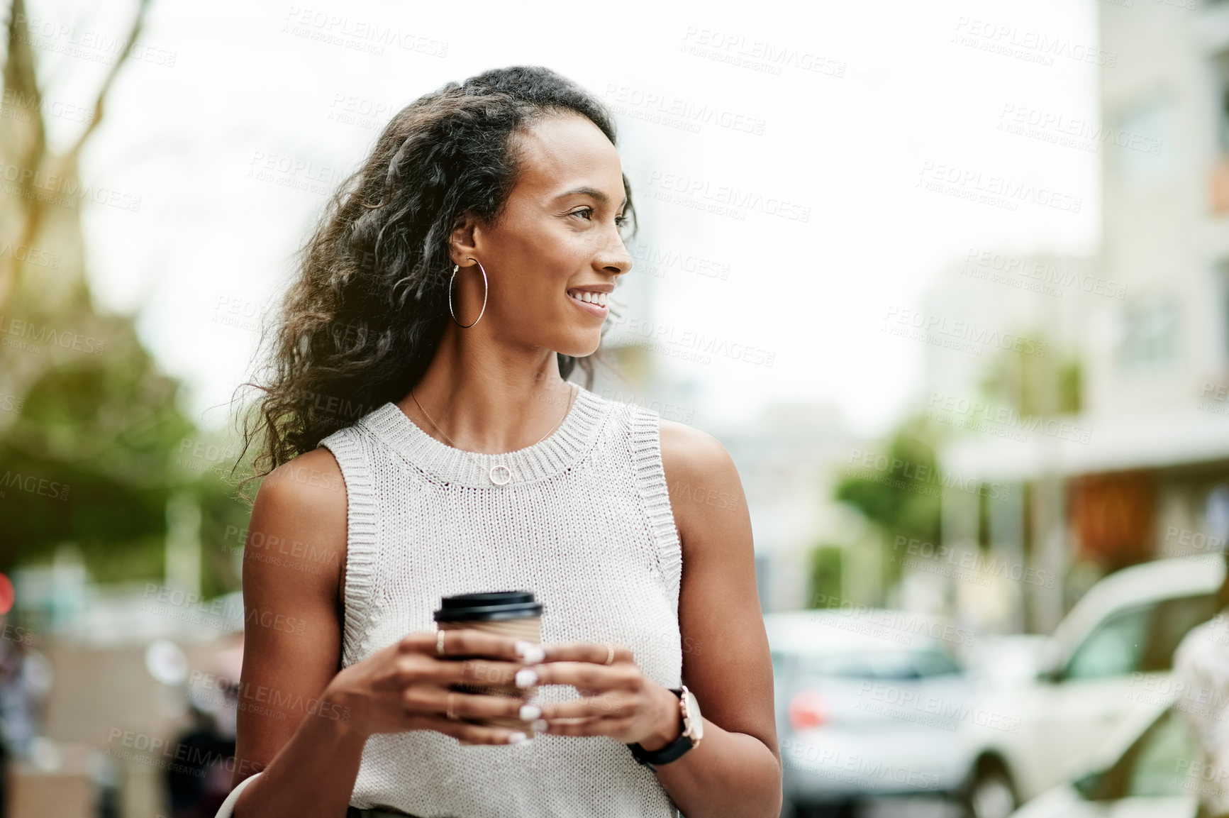 Buy stock photo Happy woman, thinking and coffee in city for travel, business break and walking in CBD. Journalist, takeaway drink and commute in urban Brazil with story ideas, article planning and journey on street