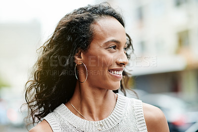 Buy stock photo Happy, woman and walking in city outdoor for morning commute, fashion and travel journey. Thinking, female person and smart casual clothes with urban trip, exploring downtown and career opportunity