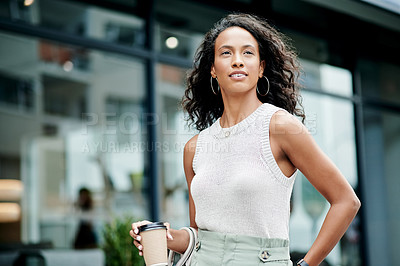 Buy stock photo Thinking, woman and walk with coffee in city of morning commute, caffeine start and travel journey. Female person, fashion and smart casual clothes with takeaway beverage, employee routine and urban