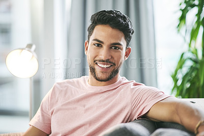 Buy stock photo Happy man, portrait and designer with interior lighting on sofa for home project, decor or DIY setting. Casual, face or male person with smile on living room couch for comfort or house improvement