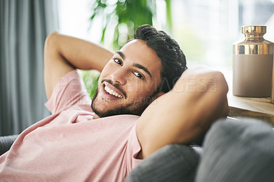 Buy stock photo Happy, rest and portrait of man on sofa for relaxing, chilling and comfortable on weekend. Living room, home and person on couch for carefree, freedom and satisfied for peace, break and wellness