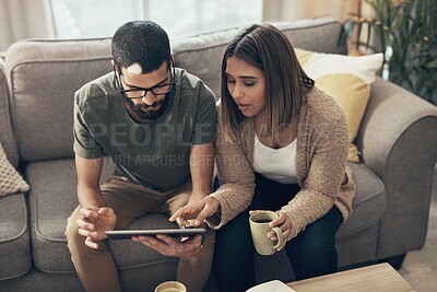 Buy stock photo Sofa, online and couple with tablet in home for social media, website and online shopping. Relax, dating and man and woman on digital tech with coffee for internet, news and videos in living room
