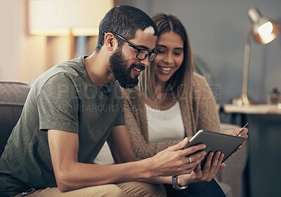Buy stock photo Sofa, online shopping and couple on tablet with credit card for social media, website and internet banking. Relax, dating and man and woman on digital tech for fintech, payment and bills in home