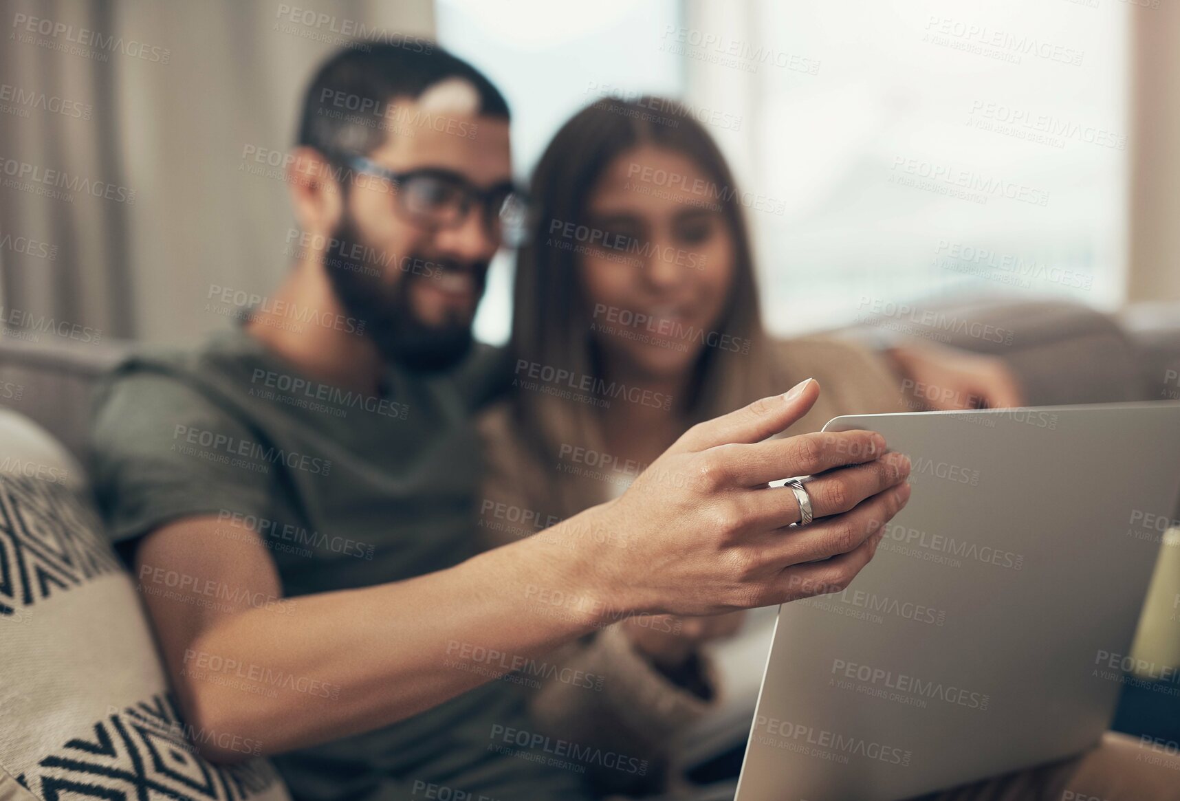 Buy stock photo Hands, laptop and couple on sofa in home, relax and happy with streaming, subscription and movies in lounge. Man, woman and computer for film, smile and hug with social media on couch at apartment