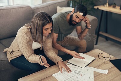 Buy stock photo Finance, couple and planning with documents in home for asset management, budget review and tax auditing. Top view, people and paperwork for financial summary, support and insurance report on sofa