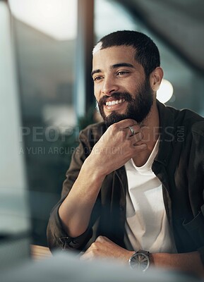 Buy stock photo Computer, design and night with happy man in office for website coding or programming deadline. Business, planning and thinking with smile of programmer employee in creative workplace for overtime