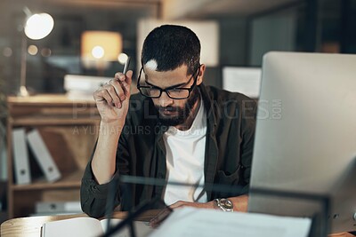 Buy stock photo Businessman, thinking or night with book on computer for design inspiration or project deadline at office. Man, employee or creative designer working late with notebook or diary for reminder or ideas