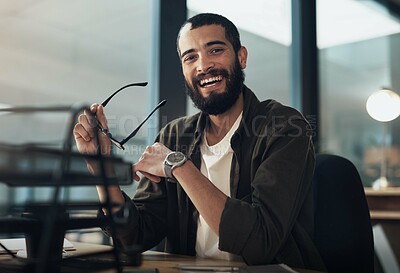 Buy stock photo Happy man, portrait or night with creative designer or laugh for productivity, publish or deadline at office. Businessman, employee or working late with smile or glasses for job or career opportunity