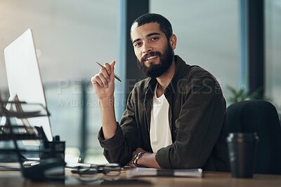 Buy stock photo Portrait, research and computer with business man in office for schedule, planning and editor feedback. Idea, author advisor and publisher with person in media agency for printing production