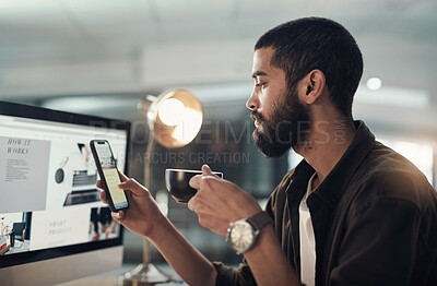 Buy stock photo Computer screen, coffee and man on mobile in office on overtime at night in creative startup. Phone, drink beverage and employee reading ads, online business and website as social media marketer