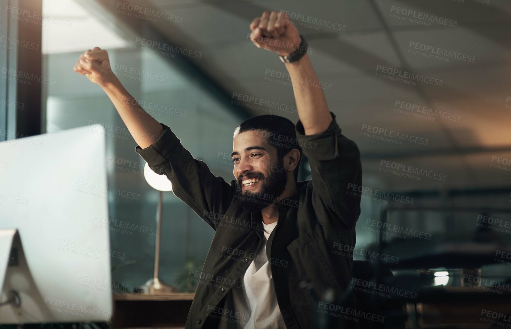 Buy stock photo Success, excited and computer with business man in office for good news, project approval and reading. Winner, achievement and startup funding with person in creative agency for profit at night