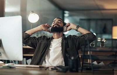 Buy stock photo Headphones, relax and computer with business man in office for sound engineer, production and media. Audio editor, planning and track release with person in creative agency for podcast recording
