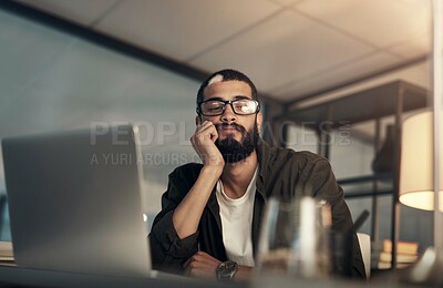 Buy stock photo Bored, design and laptop with programmer man in office at night for coding or computer engineering. Creative, programming and thinking with employee at desk in workplace for project deadline