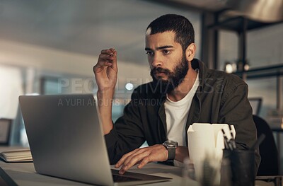 Buy stock photo Creative, man and annoyed with laptop at desk in office for overtime, deadline or mistake. Thinking, planning and problem solving with design employee with late night, burnout and 404 error or glitch