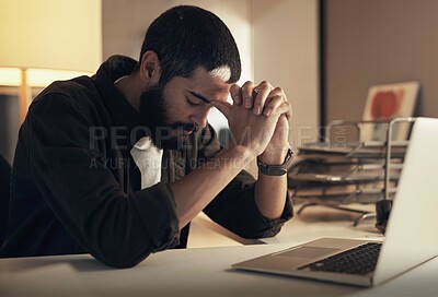 Buy stock photo Design, laptop and stress with programmer man in office at night for coding or computer engineering. Burnout, fatigue and headache with tired employee at desk in workplace for project deadline