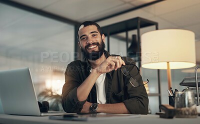 Buy stock photo Design, laptop and portrait of programmer man in office at night for coding or computer engineering. Creative, programming and smile with happy employee at desk in workplace for project deadline