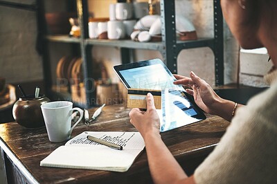 Buy stock photo Hands, woman and tablet screen with credit card of online shopping, order supplies and payment. Female person, digital and ecommerce of transaction information, upgrade inventory and pottery expenses