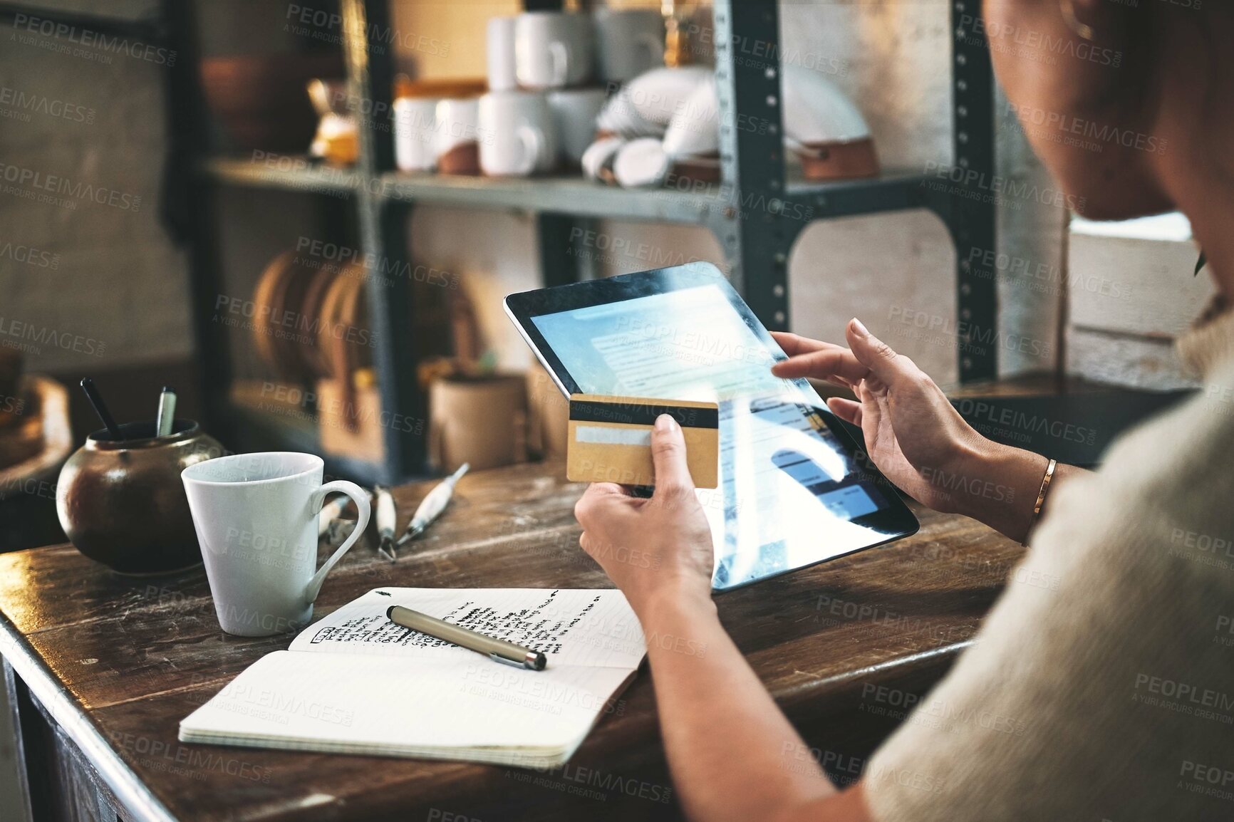 Buy stock photo Hands, woman and tablet screen with credit card of online shopping, order supplies and payment. Female person, digital and ecommerce of transaction information, upgrade inventory and pottery expenses