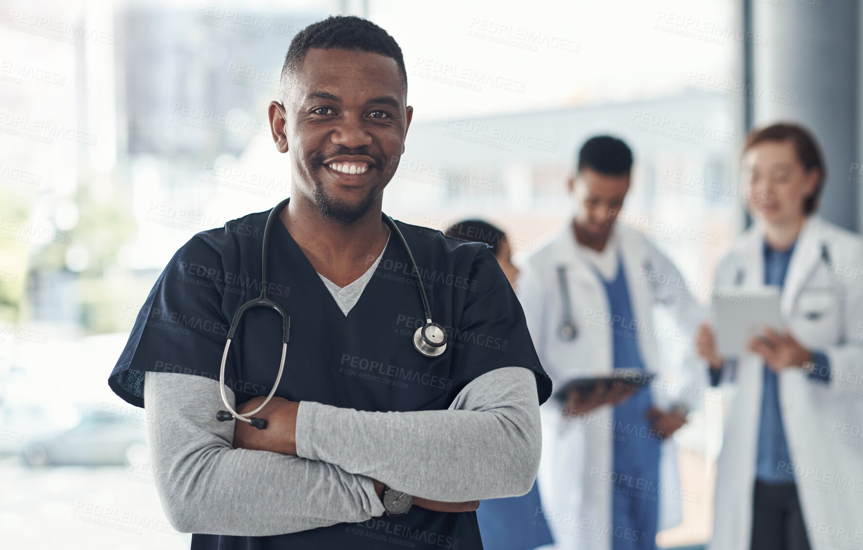 Buy stock photo Black man, nurse and arms crossed in hospital or medical meeting with confidence, integrity or about us. Portrait of healthcare doctor in leadership with ADN support, advice or planning in USA clinic