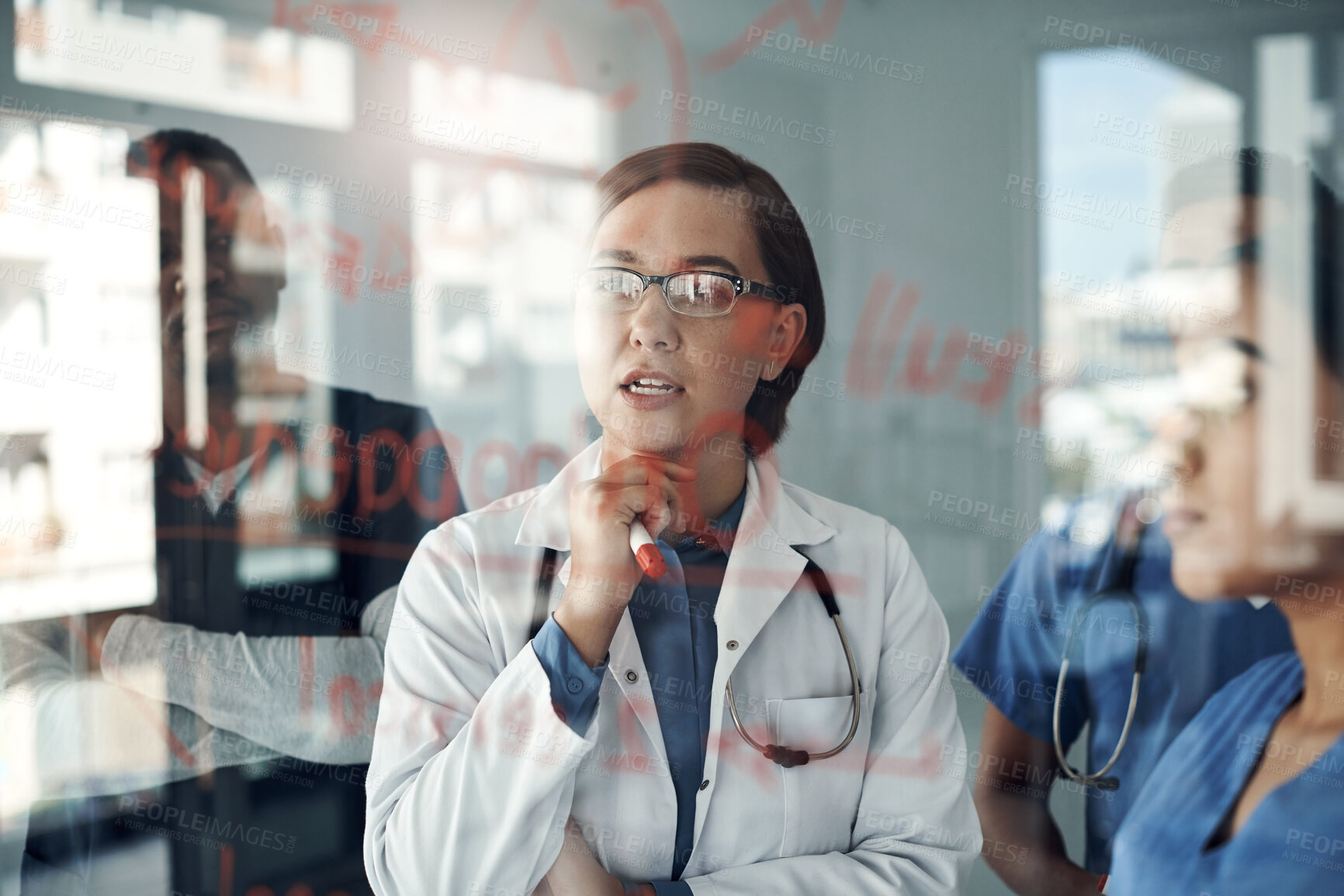 Buy stock photo Teamwork, thinking and doctor with glass board for solution, brainstorming and problem solving in clinic office. Healthcare people, nurse and expert with orthopedic decision, steps or mindmap idea