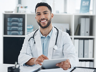 Buy stock photo Portrait, doctor and happy man on tablet for healthcare service, telehealth or career in Saudi Arabia. Face, smile and medical professional on digital tech for expert surgeon, employee and worker
