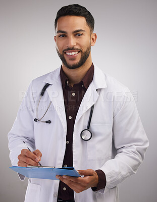 Buy stock photo Doctor, studio portrait and man with clipboard for patient report, consultation notes and test results. Male medical worker, stethoscope and document for surgery, healthcare advice and administration
