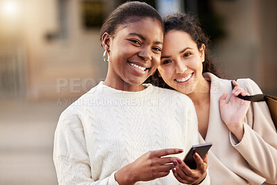 Buy stock photo Smile, women and portrait with cellphone for ecommerce, sale or retail together outdoor by mall. Happy people, paper bag and smartphone for online shopping, discount and deal for fashion or clothes