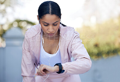 Buy stock photo Park, watch and girl ready for run, forest and nature for exercise, fitness and training for competition. Wellness, workout and person in sports, athlete and runner in time for marathon and cardio