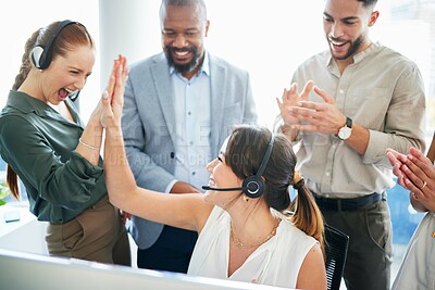 Buy stock photo People, call center and high five for deal, sales success and negotiation goal. Excited consultant team, promotion and applause for b2b support, victory and good news with business achievement