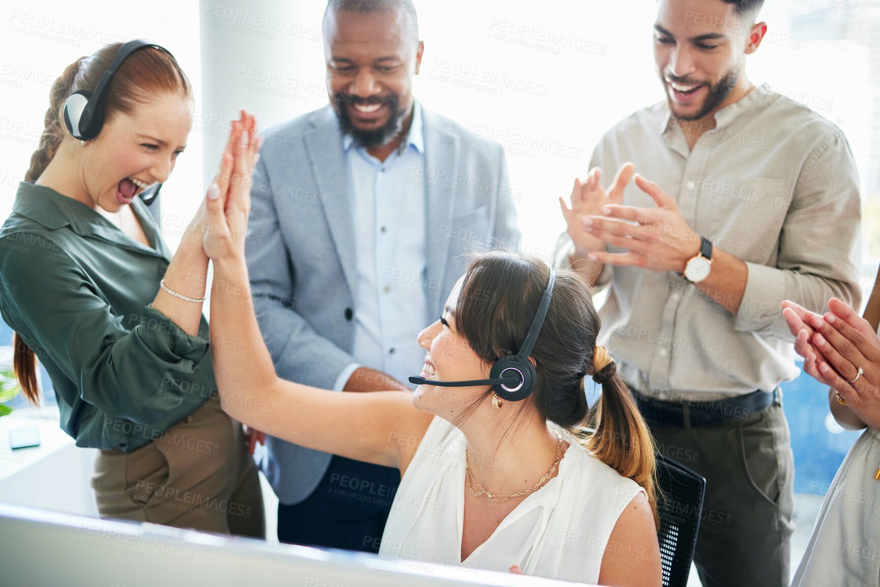 Buy stock photo People, call center and high five for deal, sales success and negotiation goal. Excited consultant team, promotion and applause for b2b support, victory and good news with business achievement