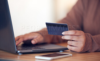 Buy stock photo Online shopping, computer and credit card with freelance worker on a ecommerce website. Person, hands and freelancer at a laptop on a digital store app for deal and discount with payment at table