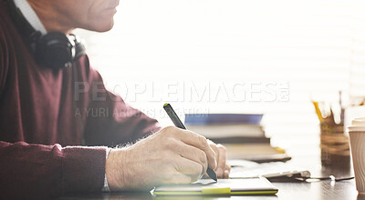 Buy stock photo A businessman using a digital tablet in a modern office. Closeup of a male employee working online for business with a touchscreen