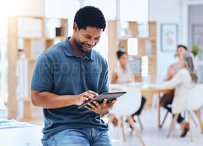 Buy stock photo Black man business planning online digital tablet, internet and web apps technology in startup agency. Happy entrepreneur, smile creative worker and african designer connect 5g wifi in trendy office