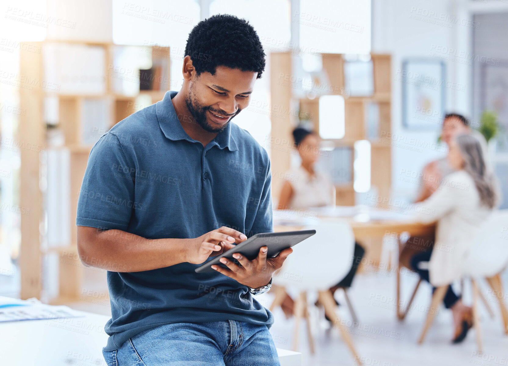 Buy stock photo Black man business planning online digital tablet, internet and web apps technology in startup agency. Happy entrepreneur, smile creative worker and african designer connect 5g wifi in trendy office