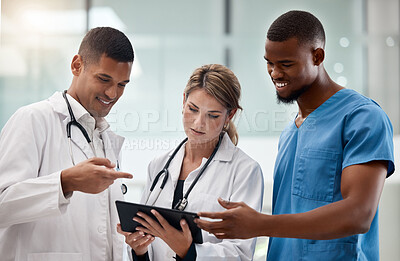 Buy stock photo Medical, doctor and nurse team with a tablet working on medicine and hospital data. Collaboration of health and wellness staff healthcare workers with diversity looking at healthy web test results
