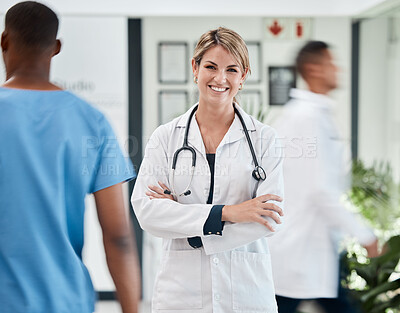 Buy stock photo Doctor, healthcare and medical help woman leader with stethoscope smile with confidence in leadership at hospital. Portrait of happy, trust and success medic professional worker for empowerment