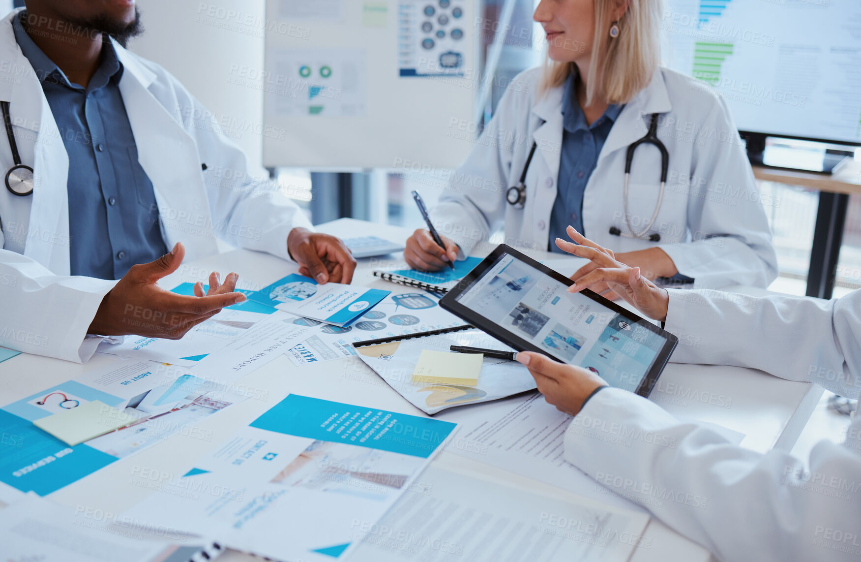 Buy stock photo Healthcare doctors and meeting documents with tablet data for business discussion in office. Medical paperwork communication and analytics improvement for development of medicare company.