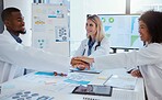 Hands, teamwork and collaboration of doctors with charts, graphs or documents in a meeting together. Healthcare, support and motivation of medical professionals with hand huddle for team building.