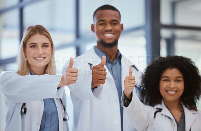 Buy stock photo Thumbs up, hands and doctors in hospital success with thank you, winner or trust in medical wellness. Happy smile portrait, gesture or diversity teamwork collaboration of healthcare insurance worker