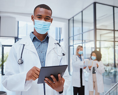Buy stock photo Portrait of doctor with mask and tablet during covid for bacteria, medicine or corona virus research. Safety, protection and black medical healthcare worker or hospital employee doing telehealth work