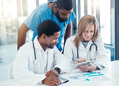 Buy stock photo Doctors planning, healthcare insurance and meeting about medical development, talking about medicine and thinking of idea together at work. Healthcare team consulting about strategy with tablet